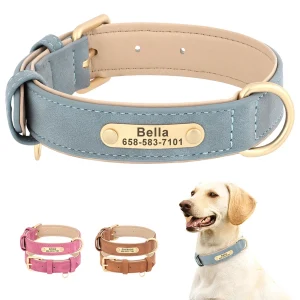 Soft Padded Personalized PU Leather Dog Collar with Free Engraved ID Tag